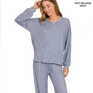 NEW! Zenana Soft Melange Women's Crew Neck Lounge Set - Charcoal Size Large